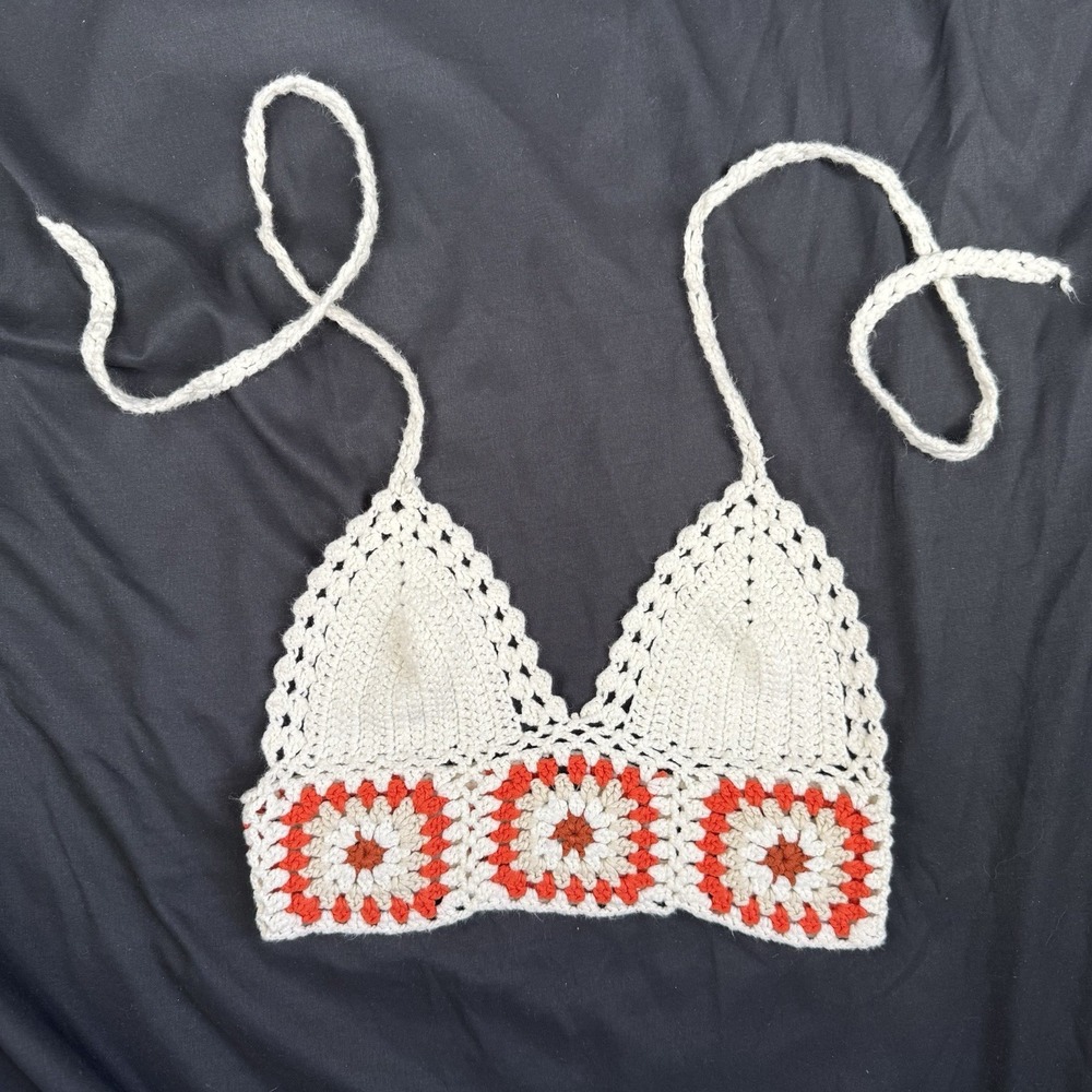 Crochet Babydoll Halter Crop Top Size S Boho Festival Hippie Coastal Resort Y2K - Picture 4 of 7